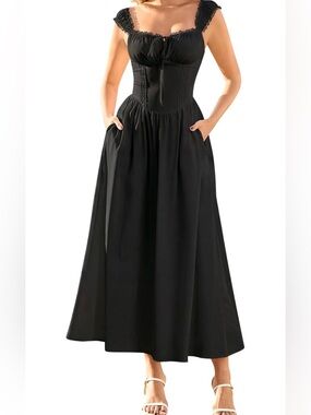 Elegant Black Midi Dress with Corset Waist